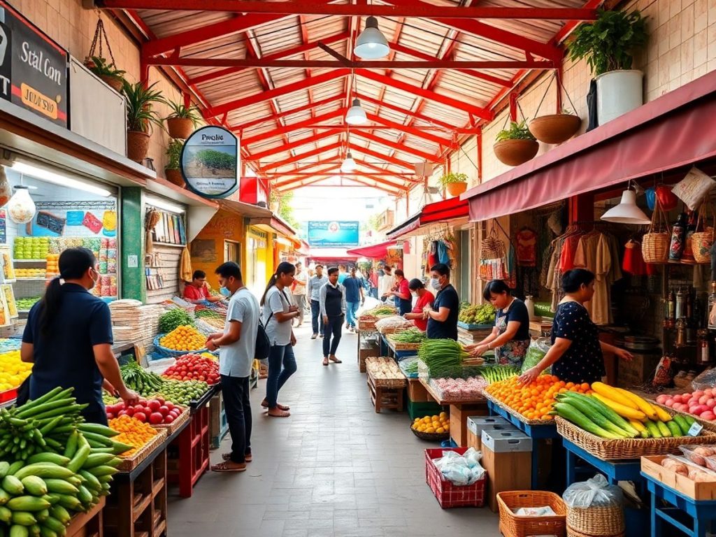 Piață locală plină de afaceri mici și produse diverse.