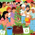Oameni implicați în activități ecologice și comunitare.