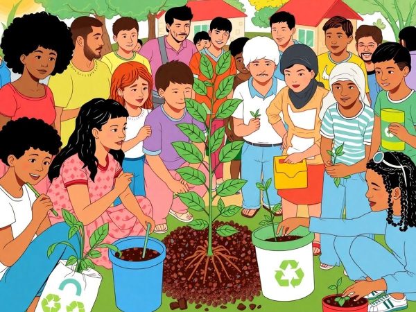 Oameni implicați în activități ecologice și comunitare.