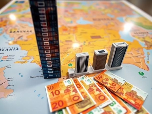 Harta României cu clădiri moderne și bani.